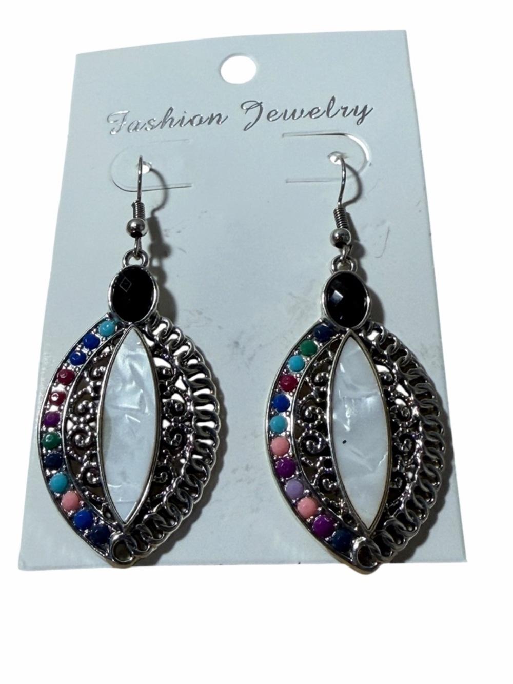 Fashion Jewelry Silver-Tone Multicolor and Mother-of-Pearl Drop Earrings